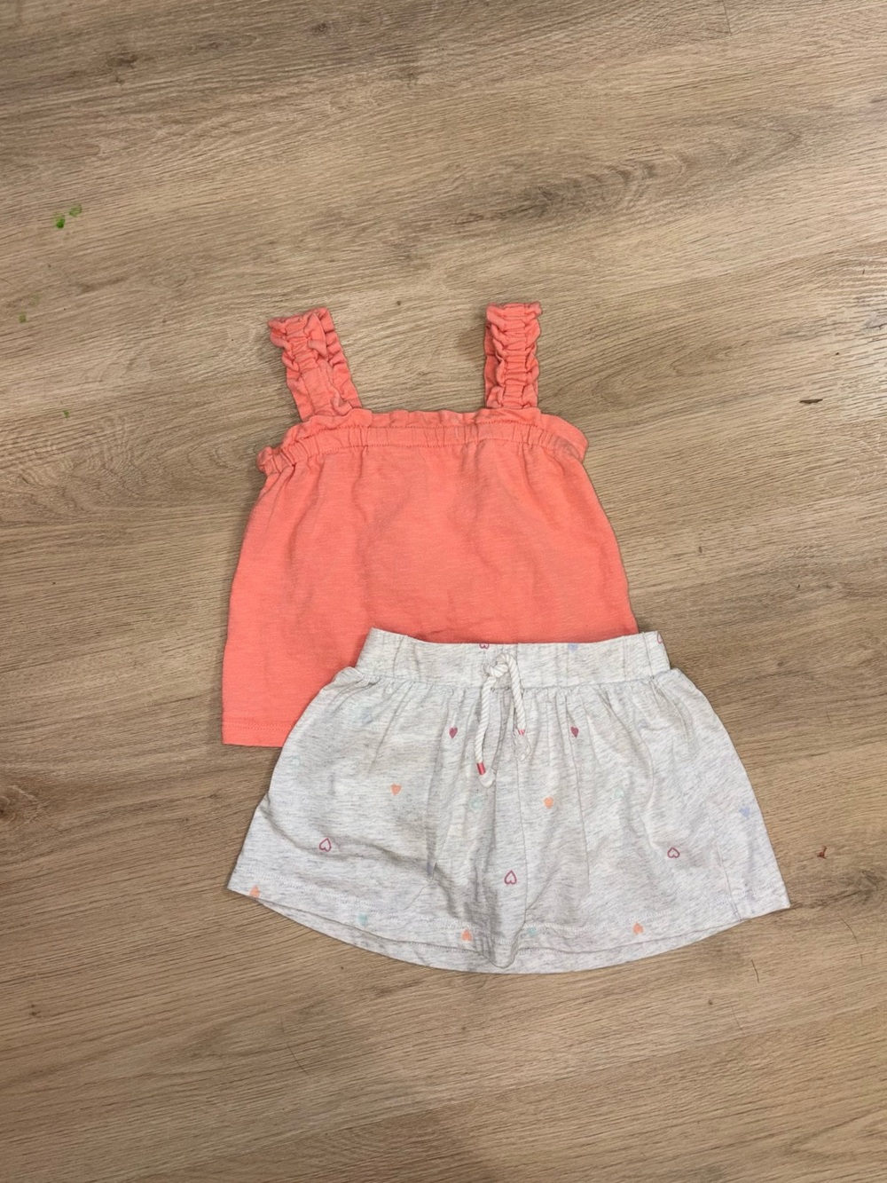 Coral Ruffle Strap Tank with Light Gray Heart Skirt Set